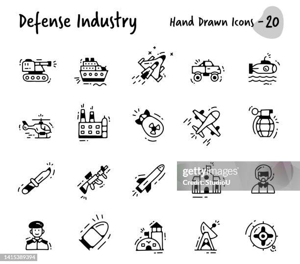 defense industry hand drawn icons - military base icon stock illustrations