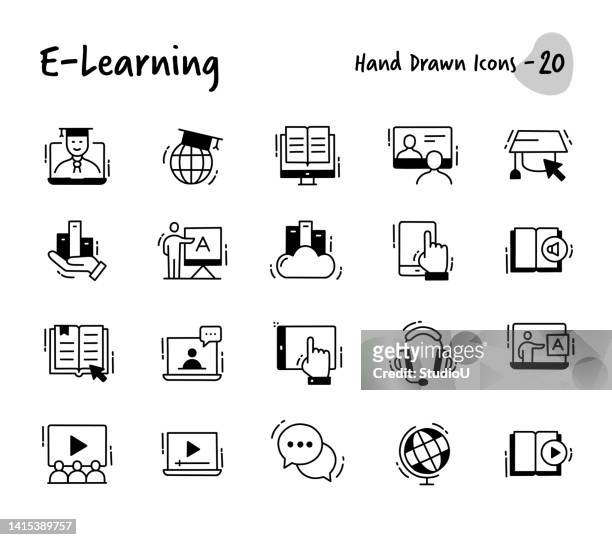 ilustraciones, imágenes clip art, dibujos animados e iconos de stock de iconos dibujados a mano de e-learning - inexpensive