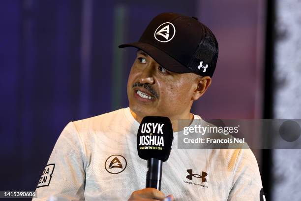 Robert Garcia, trainer of Anthony Joshua talks during the Rage on the Red Sea Press Conference at Shangri-La Hotel on August 17, 2022 in Riyadh,...