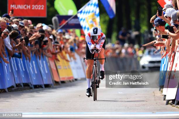 Marlen Reusser of Switzerland sprints to win the 28th UEC Road Cycling European Championships 2022 - Women's Individual Time Trial a 24km one day...