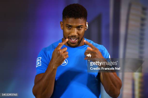 Anthony Joshua talks during the Rage on the Red Sea Press Conference at Shangri-La Hotel on August 17, 2022 in Riyadh, Saudi Arabia.