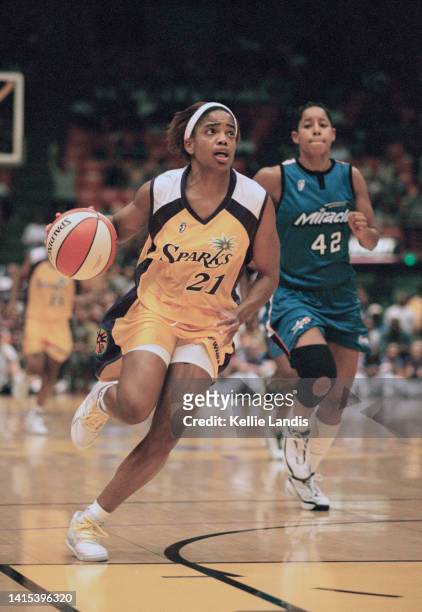 Tamecka Dixon, Guard for the Los Angeles Sparks in motion dribbling the basketball down court during the WNBA Western Conference basketball game...