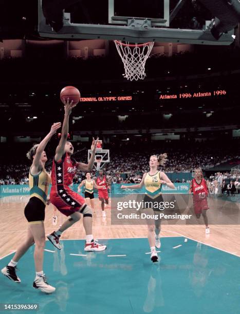 Dawn Staley, Point Guard for the United States women's basketball team makes a lay up shot to the basket during the Women's Olympic Basketball...