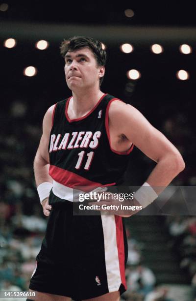 Arvydas Sabonis, Center for the Portland Trail Blazers looks on during the NBA Pacific Division basketball game against the Orlando Magic on 2nd...