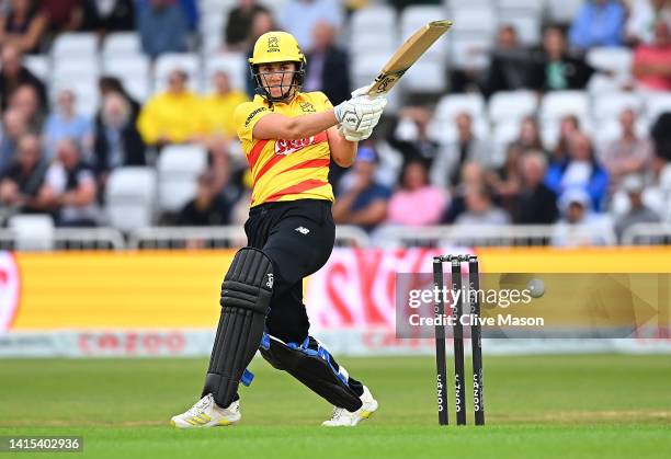 Nat Sciver of Trent Rockets hits out during The Hundred match between Trent Rockets Women and Oval Invincibles Women at Trent Bridge on August 17,...