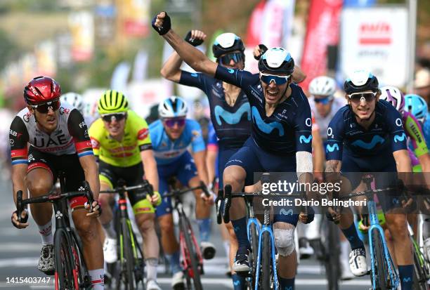 Alex Aranburu Deba of Spain and Movistar Team celebrates at finish line as stage winner ahead of Eduard Michael Grosu of Romania and Team Drone...