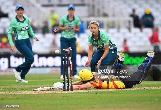 Nat Sciver of Trent Rockets su`rvives a run out attempt as Eva Gray of Oval Invincibles looks on during The Hundred match between Trent Rockets Women...