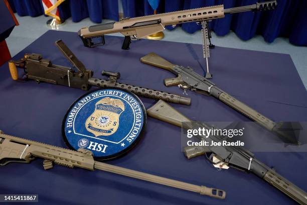 Some of the weapons Homeland Security Investigations Miami, and its law enforcement partners recently confiscated lay on a table during a press...