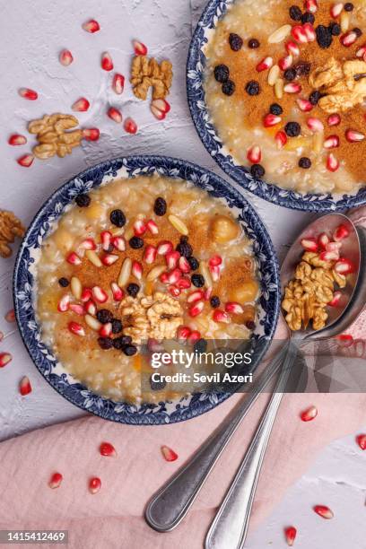 ashure decorated with two bowls, aşure - ashure dessert stock pictures, royalty-free photos & images