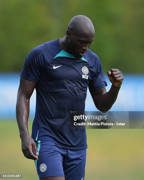 Romelu Lukaku of FC Internazionale celebrates after scoring during the FC Internazionale training session at the club's training ground Suning...