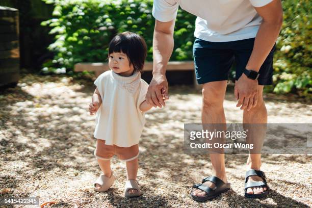 asian toddler learning to walk and exploring the world with the support of her father - bush baby bildbanksfoton och bilder