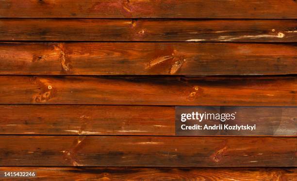 Old Weathered Natural Log Cabin Aged Wall Facade Texture. Rustic Log Wall Horizontal Brown Background. wide horizontal wooden planks