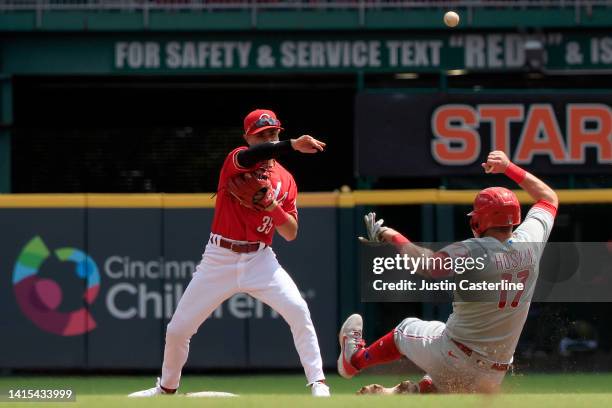 Alejo Lopez of the Cincinnati Reds throws the ball to first while Rhys Hoskins of the Philadelphia Phillies slides into second base during the third...