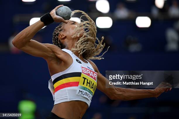 Nafissatou Thiam of Belgium competes in the Women's Heptathlon Shot Put - Group A on day 7 of the European Championships Munich 2022 at Olympiapark...