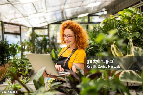 junge rothaarige frau, die in einem blumenladen mit topfzimmerpflanzen arbeitet, die einen laptop halten - florista stock-fotos und bilder