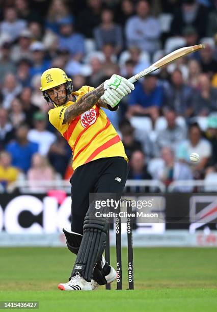 Alex Hales of Trent Rockets hits out during The Hundred match between Trent Rockets Men and Oval Invincibles Men at Trent Bridge on August 17, 2022...