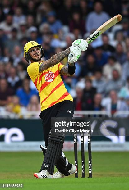 Alex Hales of Trent Rockets hits out during The Hundred match between Trent Rockets Men and Oval Invincibles Men at Trent Bridge on August 17, 2022...