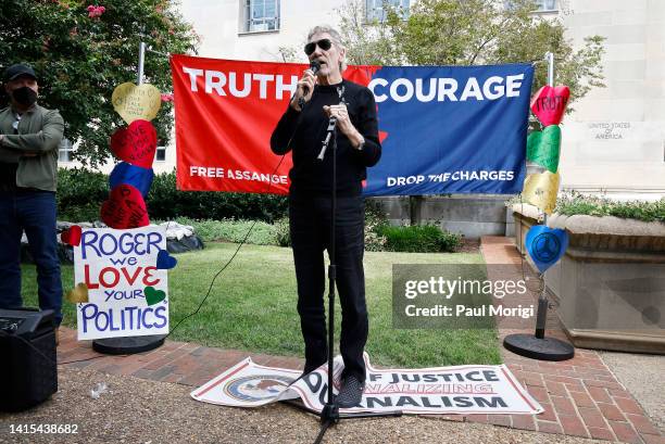 Musician and activist Roger Waters speaks at a news conference and rally outside of the U.S. Department of Justice to urge Attorney General Merrick...