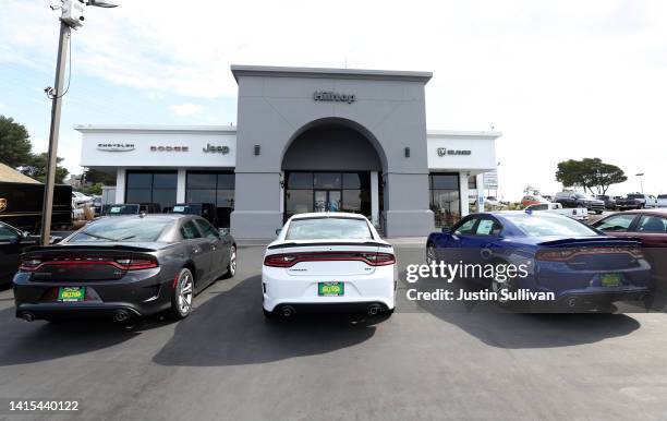 Brand new Dodge Charger cars are displayed on the sales lot at Hilltop Chrysler Jeep Dodge Ram on August 17, 2022 in Richmond, California. Dodge...