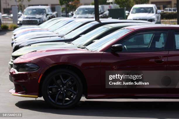 Brand new Dodge Charger cars are displayed on the sales lot at Hilltop Chrysler Jeep Dodge Ram on August 17, 2022 in Richmond, California. Dodge...