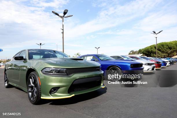 Brand new Dodge Charger cars are displayed on the sales lot at Hilltop Chrysler Jeep Dodge Ram on August 17, 2022 in Richmond, California. Dodge...