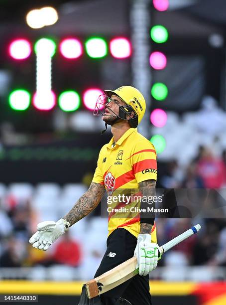 Alex Hales of Trent Rockets leaves the field after being dismissed off the bowling of Mohammad Hasnain of Oval Invincibles during The Hundred match...