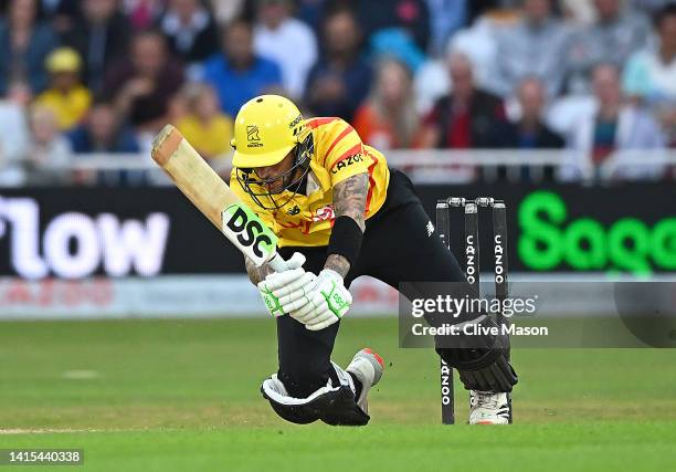 Alex Hales of Trent Rockets falls during The Hundred match between Trent Rockets Men and Oval Invincibles Men at Trent Bridge on August 17, 2022 in...