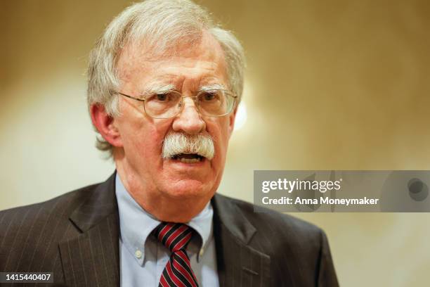 Former National Security Adviser John Bolton speaks to reporters after speaking in a panel hosted by the National Council of Resistance of Iran –...