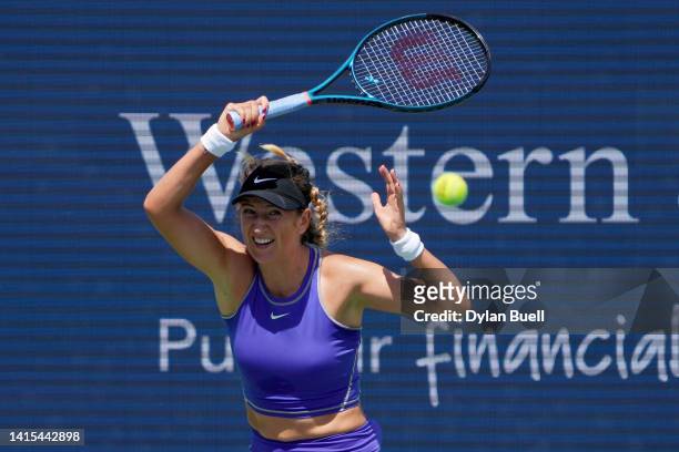 Victoria Azarenka of Belarus plays a forehand during her match against Emma Raducanu of Great Britain during the Western & Southern Open at the...