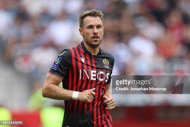 Aaron Ramsey of OGC Nice looks on during the Ligue 1 match between OGC Nice and RC Strasbourg at Allianz Riviera on August 14, 2022 in Nice, France.