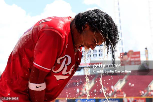 Jose Barrero of the Cincinnati Reds celebrates a walk off single after the game against the Philadelphia Phillies at Great American Ball Park on...