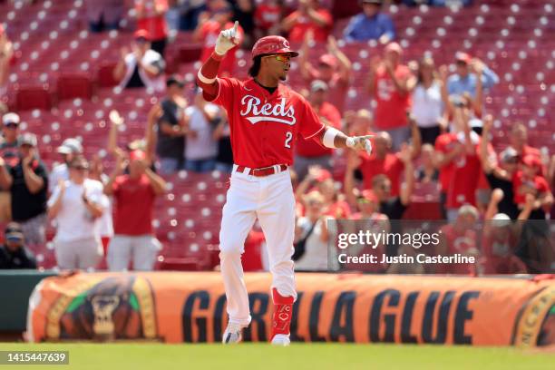 Jose Barrero of the Cincinnati Reds celebrates after hitting a walk off single in the game against the Philadelphia Phillies at Great American Ball...