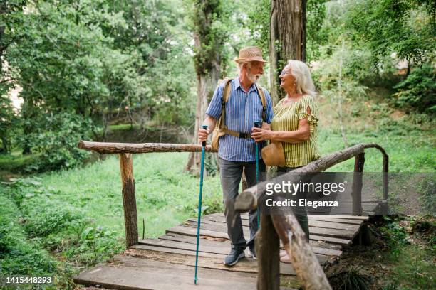 glückliches seniorenpaar auf wanderreise im sommerurlaub - ageing population stock-fotos und bilder