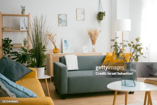 living room in a bright modern house open floor plan minimalist style. - finishing touch stockfoto's en -beelden