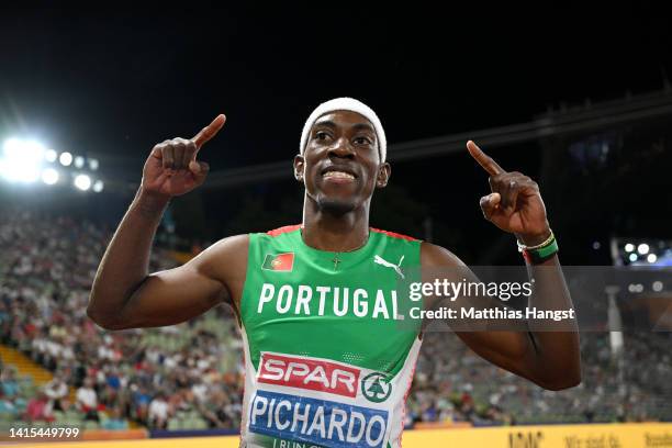 Pedro Pichardo of Portugal celebrates winning gold in the Men's Triple Jump Final during the Athletics competition on day 7 of the European...