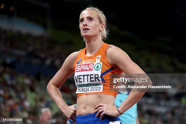 Anouk Vetter of the Netherlands reacts after competing in the Women's Heptathlon 200m Heat 3 during the Athletics competition on day 7 of the...