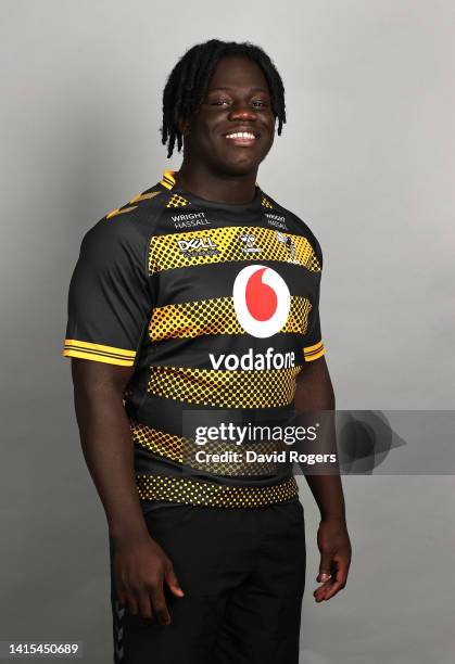 Asher Opoku of Wasps poses for a portrait during the Wasps squad photocall for the 2022-2023 Gallagher Premiership Rugby season at Coventry Building...