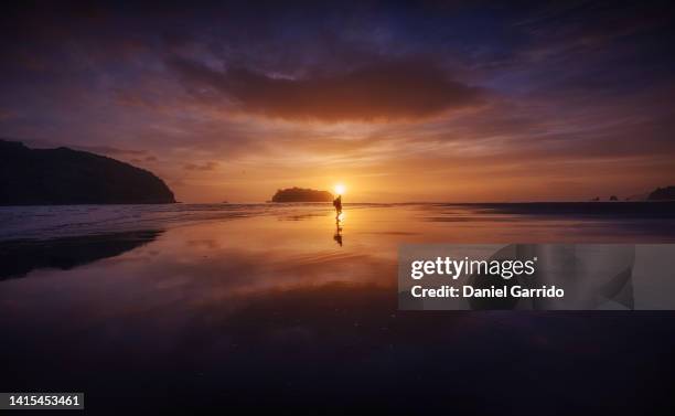 man with backpack walking along the shore of the beach at sunrise in new zealand, sunset reflections, landscape photography - superb or breathtaking or beautiful or awsome or admire or picturesque or marvelous or glorious or ストックフォトと画像