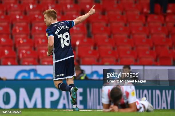 Duncan Watmore of Middlesbrough FC celebrates their team's second goal, an own goal by Phil Jagielka of Stoke City during the Sky Bet Championship...