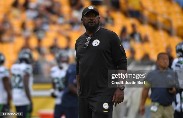 Head Coach Mike Tomlin of the Pittsburgh Steelers looks on during warm ups before a preseason game against the Seattle Seahawks at Acrisure Stadium...