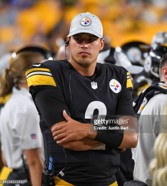 Mason Rudolph of the Pittsburgh Steelers looks on from the sidelines during a preseason game against the Seattle Seahawks at Acrisure Stadium on...
