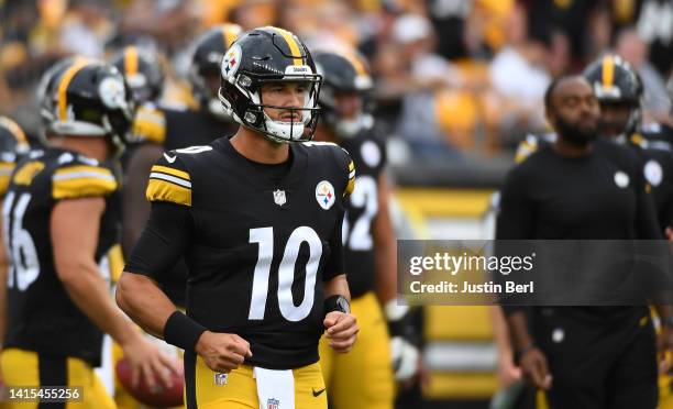 Mitch Trubisky of the Pittsburgh Steelers warms up before a preseason game against the Seattle Seahawks at Acrisure Stadium on August 13, 2022 in...