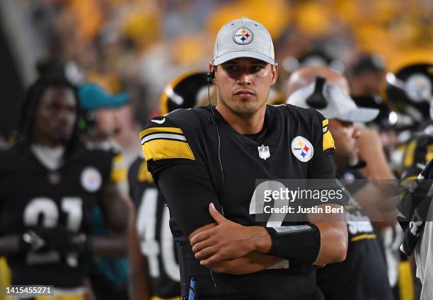Mason Rudolph of the Pittsburgh Steelers looks on from the sidelines during a preseason game against the Seattle Seahawks at Acrisure Stadium on...