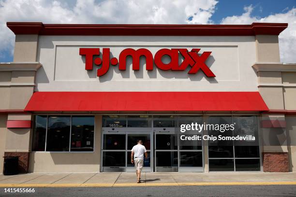 Shoppers come and go the TJ Maxx store at the Mall at Prince George's on August 17, 2022 in Hyattsville, Maryland. With inflation forcing Americans...