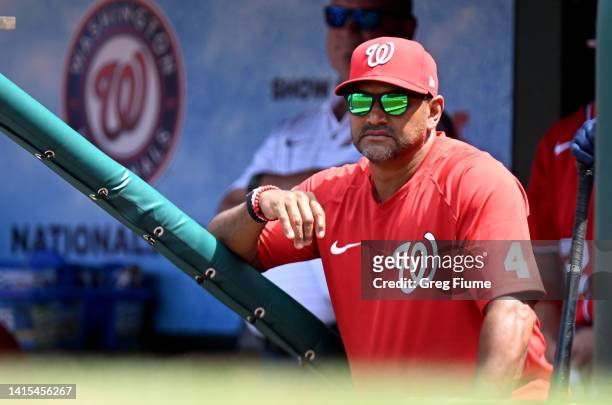 Manager Dave Martinez of the Washington Nationals watches the game in the fourth inning against the Chicago Cubs at Nationals Park on August 17, 2022...