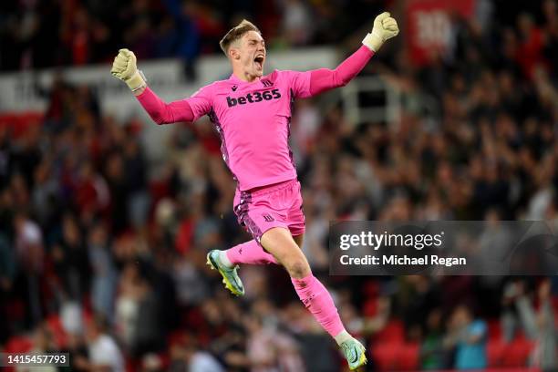 Goalkeeper Josef Bursik of Stoke City celebrates their team's second goal scored by D'Margio Wright-Philipps during the Sky Bet Championship between...