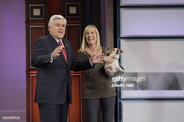 Episode 4191 -- Pictured: Host Jay Leno with Doree Sitterly and Anastasia the Balloon Popping Dog on February 3, 2012 -- Photo by: Stacie...