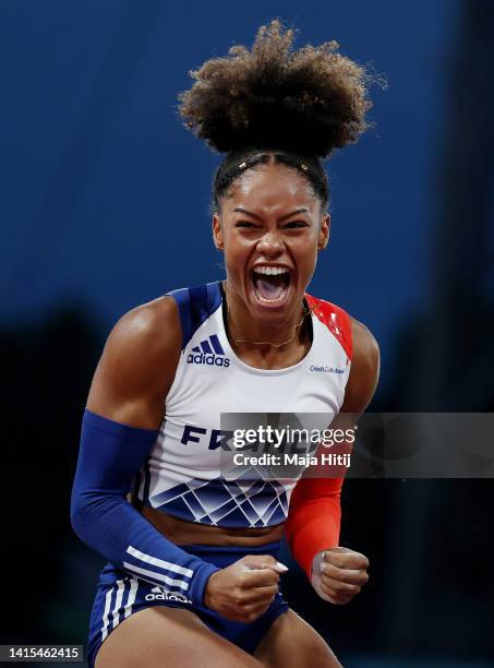 Marie-Julie Bonnin of France celebrates in the Women's Pole Vault Final during the Athletics competition on day 7 of the European Championships...