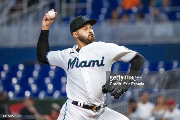 Pablo Lopez of the Miami Marlins throws a pitch during the second inning against the San Diego Padres at loanDepot park on August 17, 2022 in Miami,...