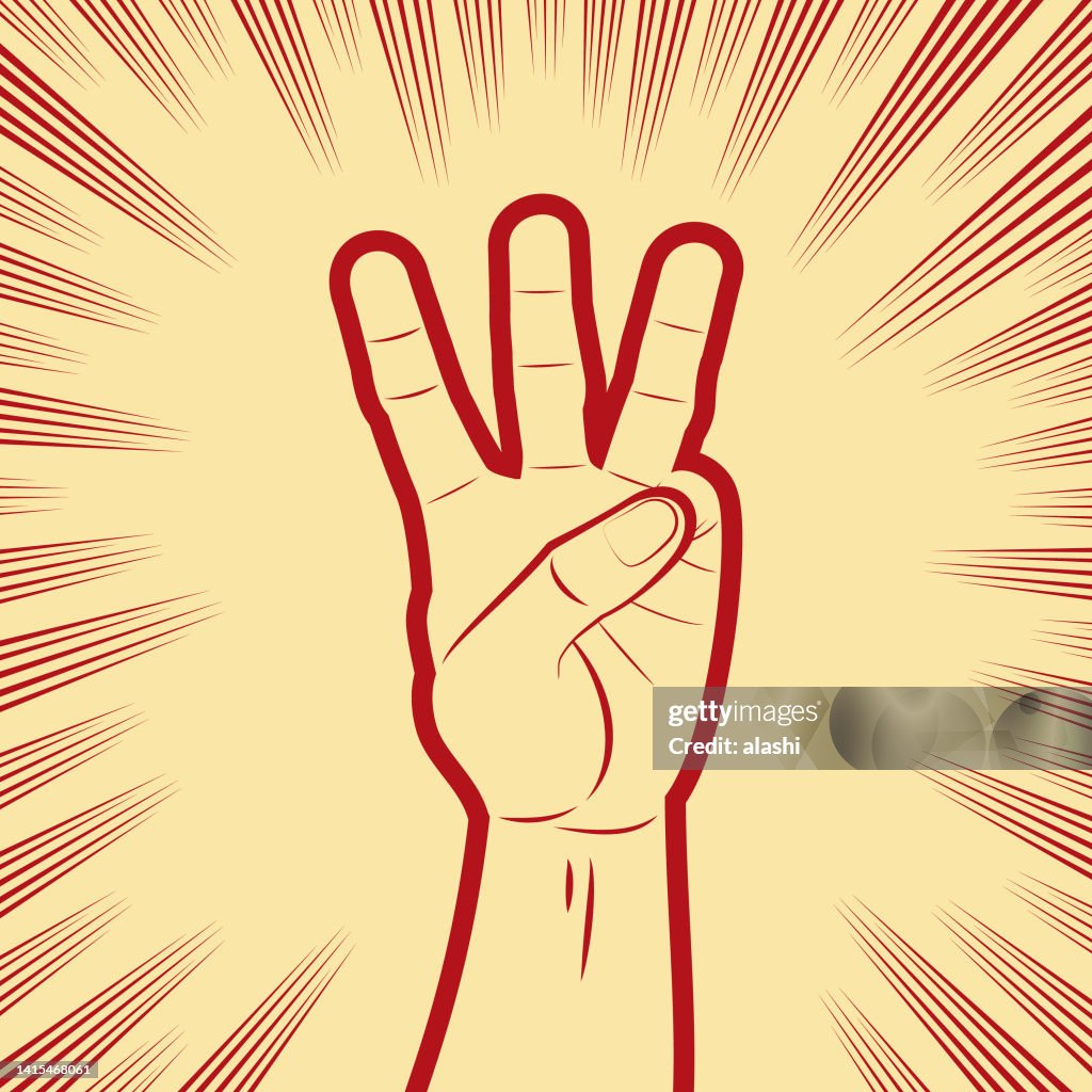 Gesturing a hand sign of Counting Three in comics effects lines background